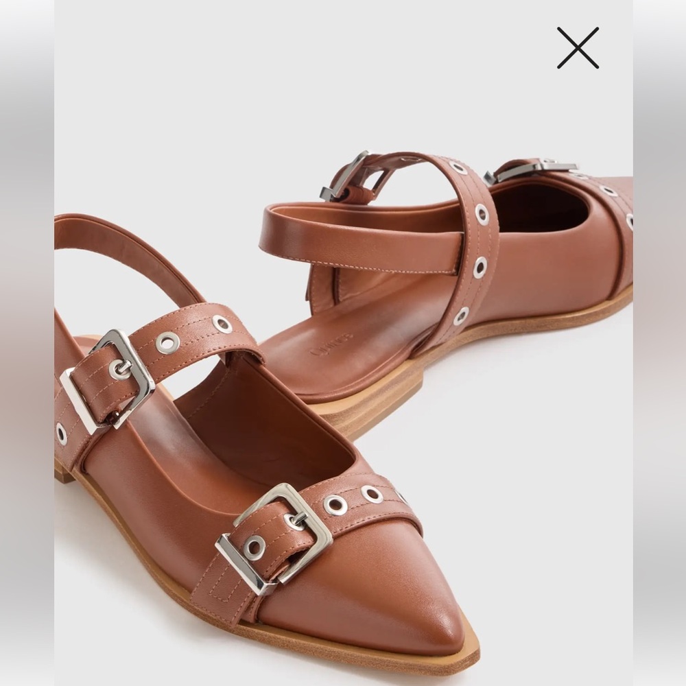 Quince cognac big buckle sling back flats